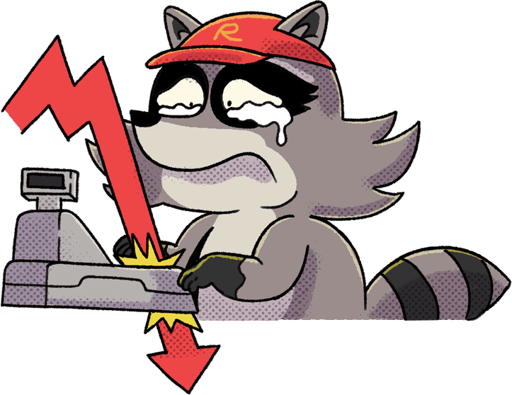 The Ultimate Trash Trader, a raccoon in a red cap watching the market crash